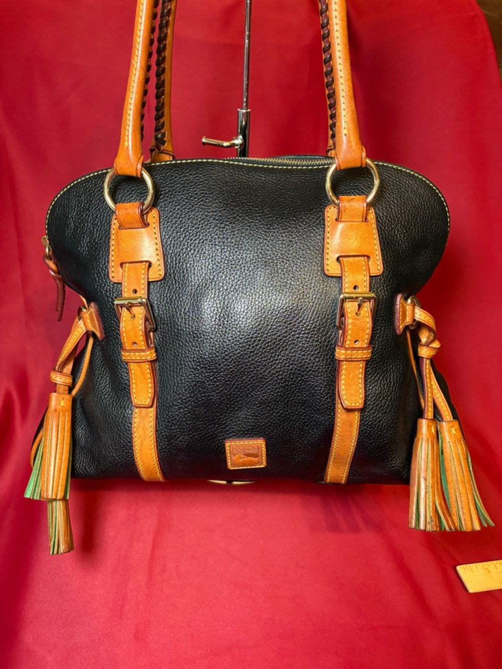 Dooney & Bourke Black Leather Shoulder Bag with Tan Trim